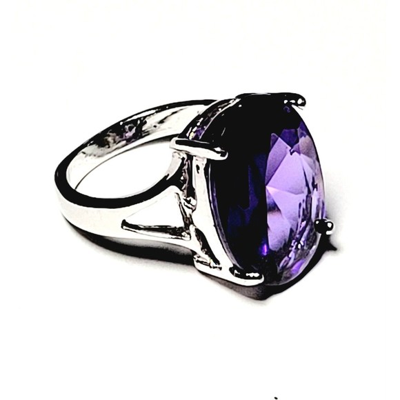 925K Sterling Silver Large Faceted Amethyst Prong Set Ring Womens Sz 6.75 NWOT - Picture 2 of 16